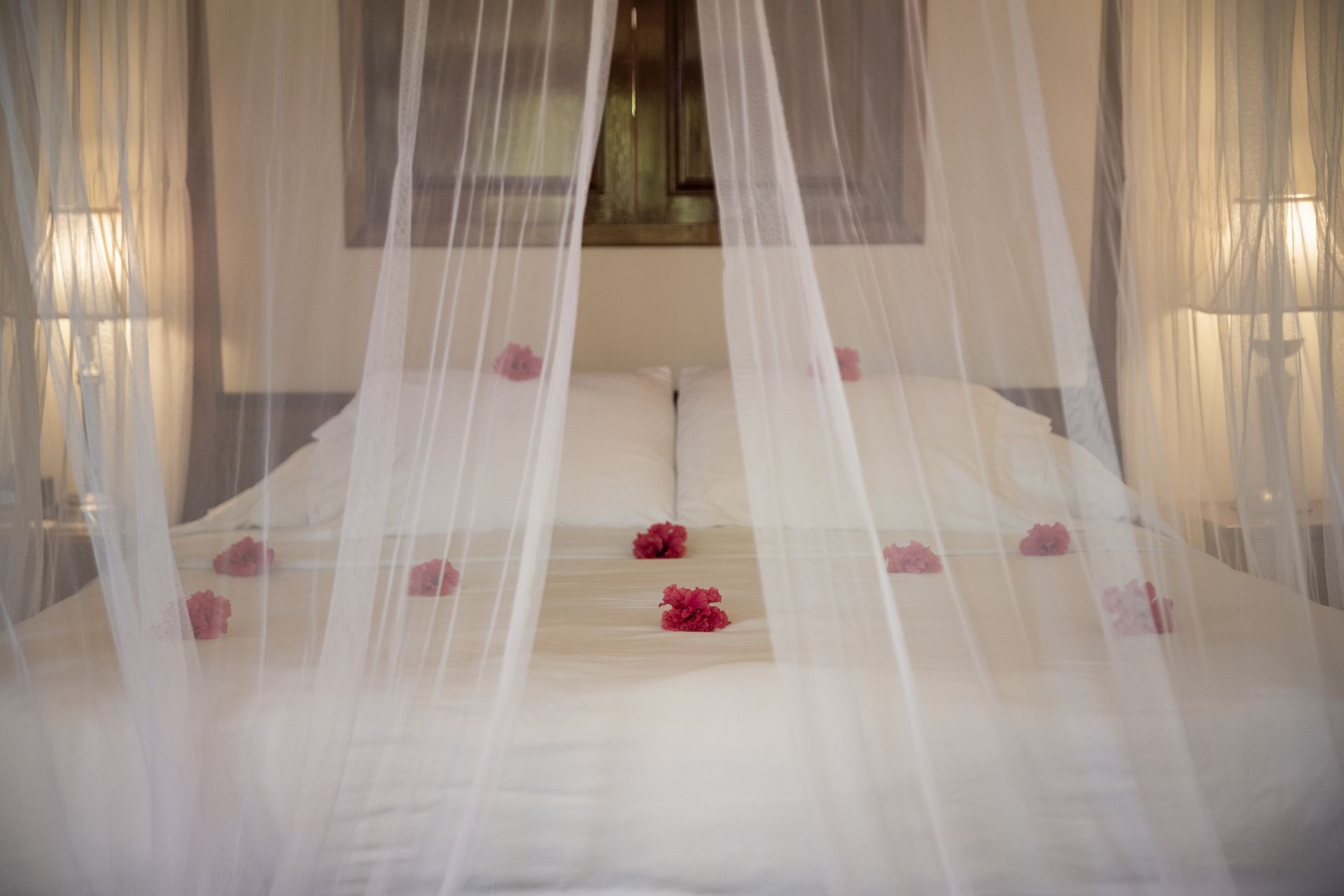 A four-poster bed with sheer white curtains surrounding it. The bed is covered in white sheets and has red flowers scattered across the top. The bed is lit by lamps on either side, creating a cozy and romantic atmosphere.