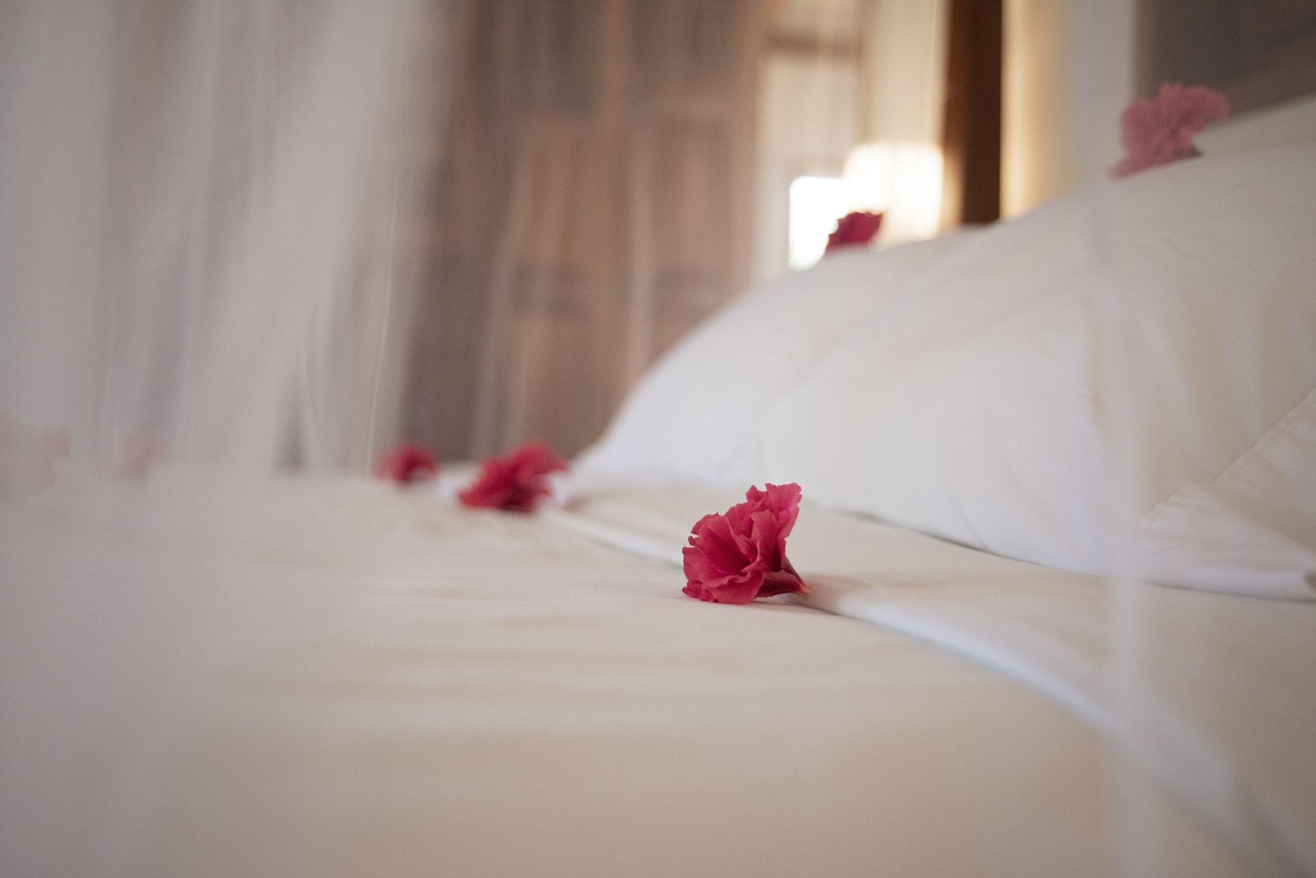 A close-up of a white bed with red flowers scattered across the sheets. The bed has a white bedspread and a sheer white curtain in the background.