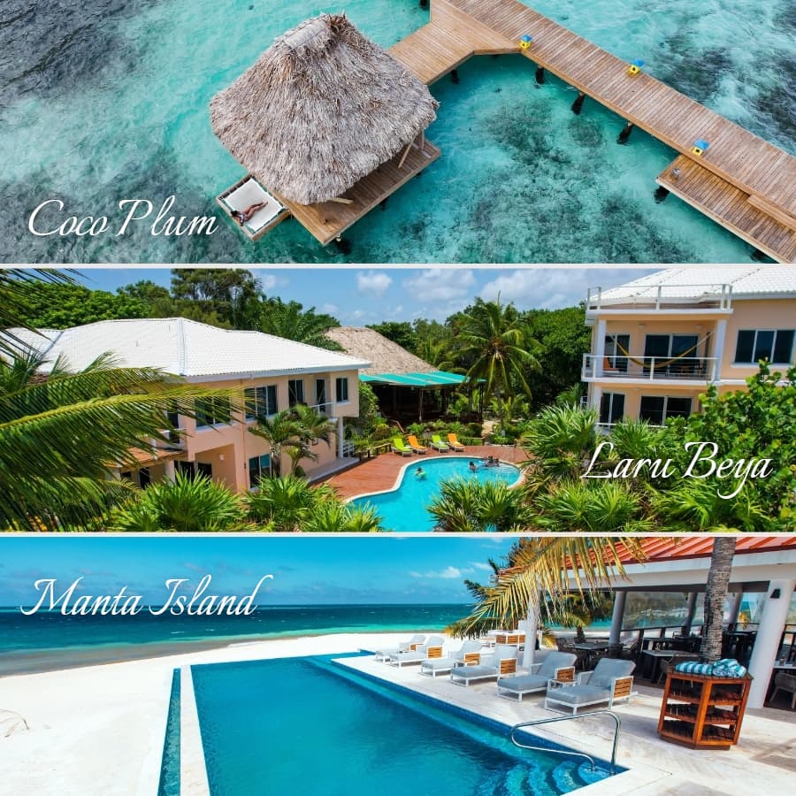 Collage of photos with guests enjoying the water near three sister properties: CoCo Plum, Manta Island and Laru Beya.