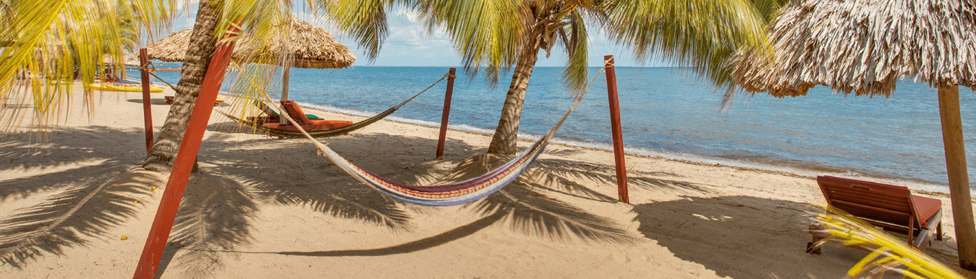 Two empty hammocks on beach by water under palm trees