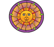 logo of Mayan sun in a circle with a purple outline