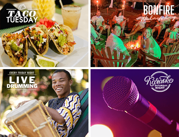 Collage of photos for taco tuesday, bonfire wednesday, live drumming friday and karaoke saturday