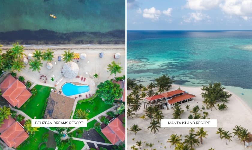 Aerial view comparing two resorts: Belizean Dreams Resort with a pool and Manta Island Resort surrounded by clear turquoise waters.